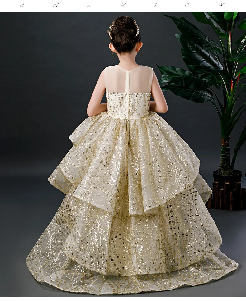 Children Wedding Dress Tailing Puffy Princess Dress Girls Catwalks Piano Costume Nobility Host Late Formal Dress