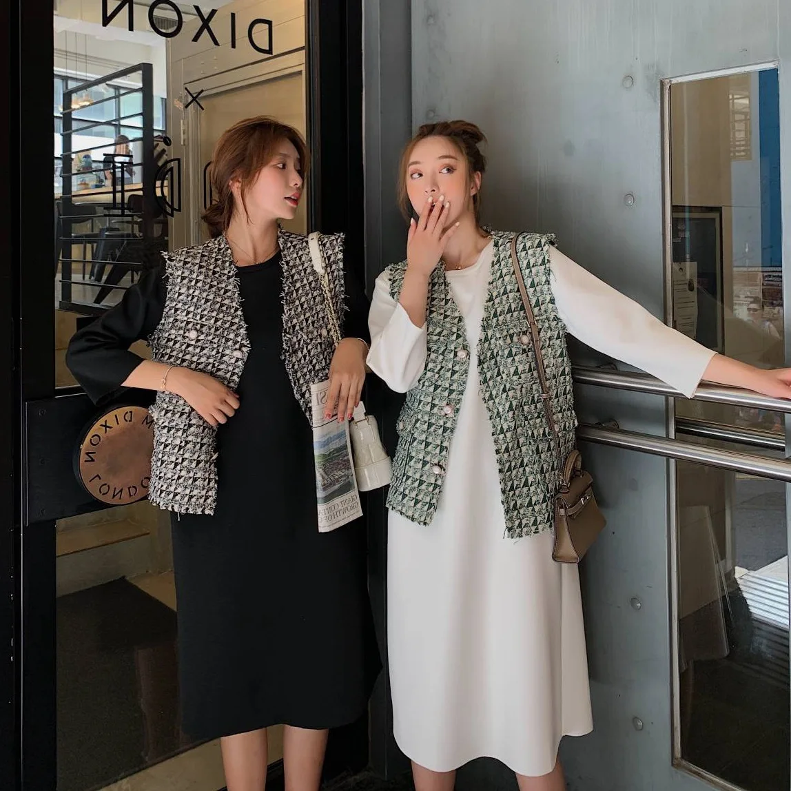 

Photo Shoot CHIC Graceful Pattern Single Breasted Sleeveless Vest Short Jacket Crew Neck Base Dress Two-Piece Women's