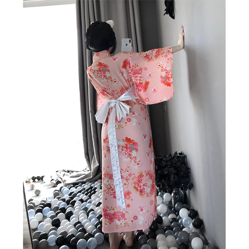 Japanese Kawaii Pink Kimono White Bow-Knot Waistband Thong Sexy Lingerie Cosplay Costumes