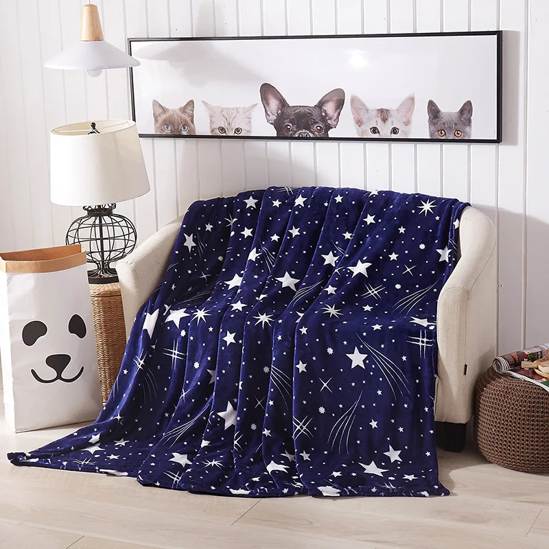Micro Plush Quilt Blanket Super Soft Warm Fleece Throw Sofa Star Blue Thinness 