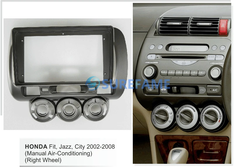 9 inch Car Fascia Radio Panel for HONDA Fit, Jazz, City 2002-2008(Right Wheel) Dash Kit Install Facia Plate Bezel Adapter Trim