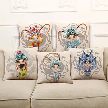 

Peking Opera Pillowcase Linen&cotton Cushion Cover Chinese Style Cartoon Huadan Pillow Cover Chinese Traditional Pattern Pillow
