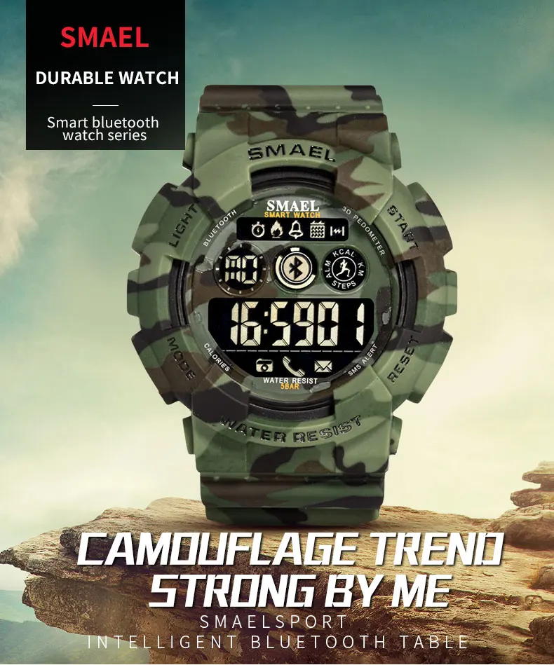 Модные камуфляжные военные часы мужские SMAEL Bluetooth светодиодный цифровые часы мужские 50 м водонепроницаемые спортивные часы мужские часы 8013