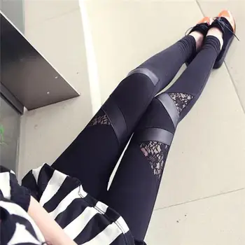 

New Fashion Women Autumn & Winter Lace Stretch Pants Triangular Lace PU Leather Leggings Skinny Stretch Pants