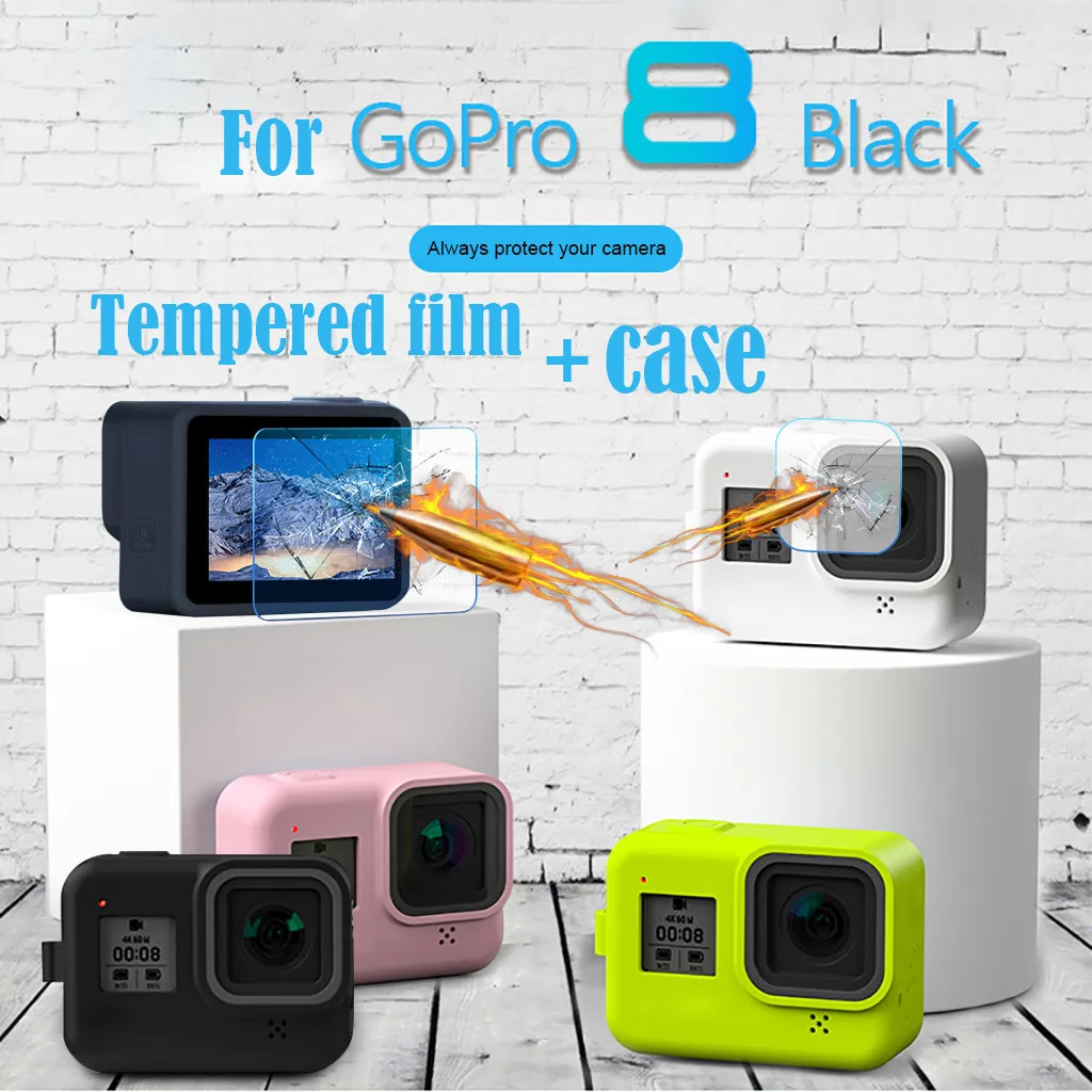 Мягкий силиконовый защитный корпус Чехол+ закаленная пленка для Go-pro 8 черный