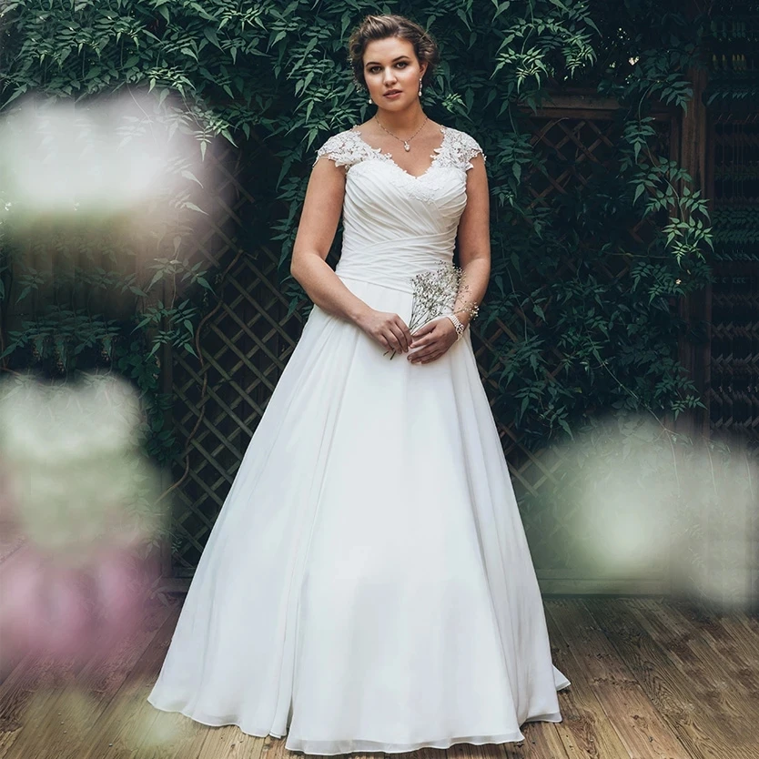 Elegant Plus Size Wedding Dresses 2021 Chiffon Pleats Elegant Vestido de Novia Custom Made V-neck Cap Sleeves Bridal Dress 4