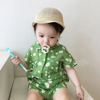 

3794 Korean Summer Flowers Suit Kids Girls' Daisy Short Sleeve Shirt And Shorts Two-piece Set Children Clothes Suit Kids Clothes