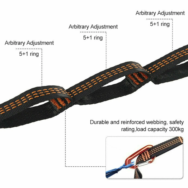 2Pcs Barbed Black Outdoor Camping Hammock Straps Hammock Straps Special Reinforced Polyester Straps 5 Ring High Load-Bearing