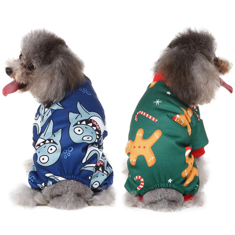 Рождественский комбинезон для животных, утолщенная куртка для собак, костюм с рисунком из мультфильма, 4 ноги для щенка, одежда для маленьких и средних собак