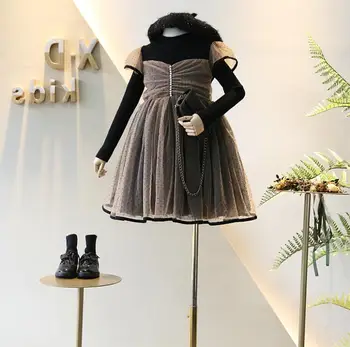 

2019 New Children Baby Boutique Winter Fake 2 Piece Dresses, Girls Princess Elegant Clothes 5 pcs/lot, Wholesale