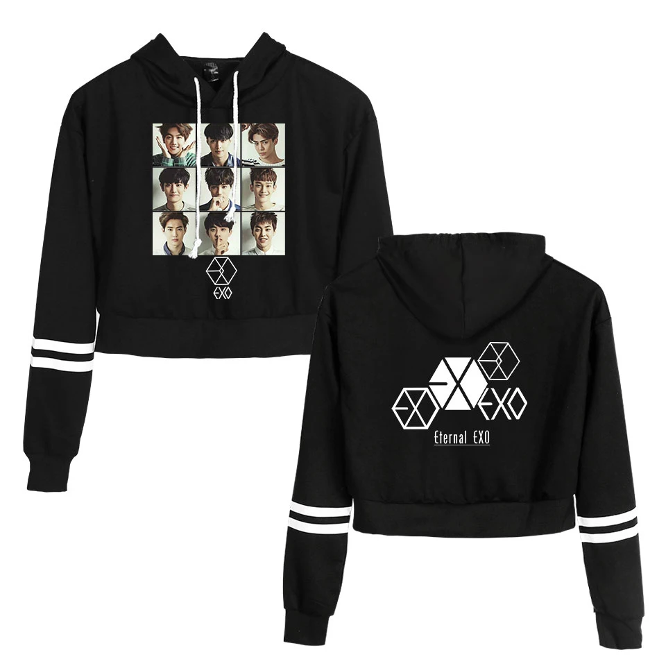 Осень Зима KPOP EXO Сексуальная укороченная Толстовка для женщин с длинным рукавом Harajuku уличная EXO Kpop PLANET#5 альбом с капюшоном топы женские