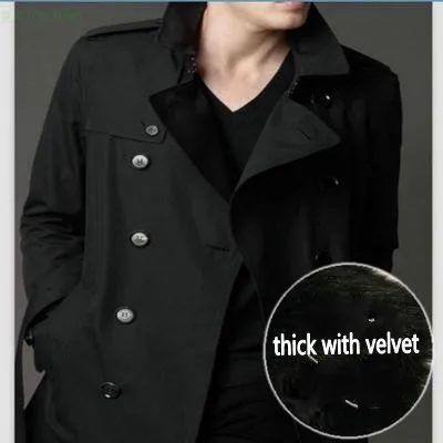 with velvet in black Осенний плюс размер мужской бархатный Тренч отложной воротник двубортный х-длинная куртка Свободные Большие размеры пальто - Цвет: with velvet in black