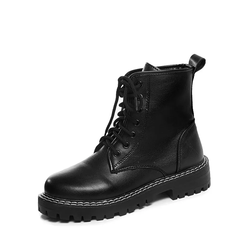 Bootee/женские осенние ботинки г. Брендовая женская обувь ботинки на низком каблуке ботинки с круглым носком женская модная резиновая обувь черного цвета на шнуровке