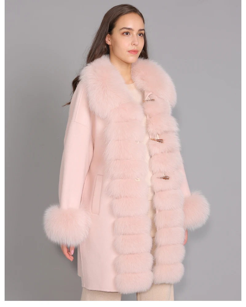 Женское кашемировое пальто, длинный стиль, весна-осень, повседневные куртки с воротником из лисьего меха,, шерстяное пальто с длинным рукавом