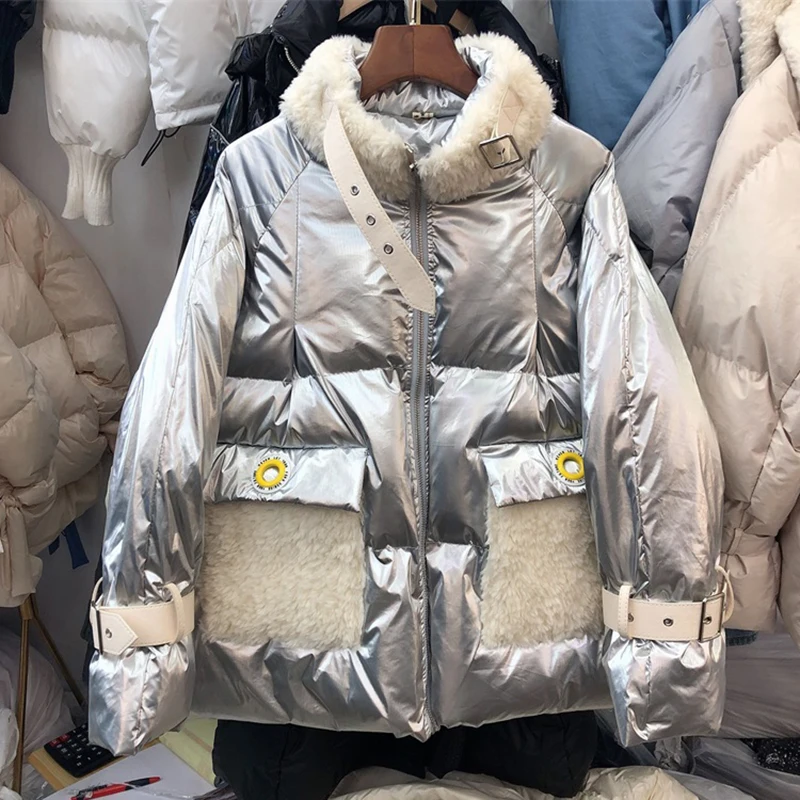Женская зимняя куртка из овечьей шерсти, блестящая свободная пуховая парка для женщин, теплые хлопковые куртки, водонепроницаемое пальто, женский пуховик