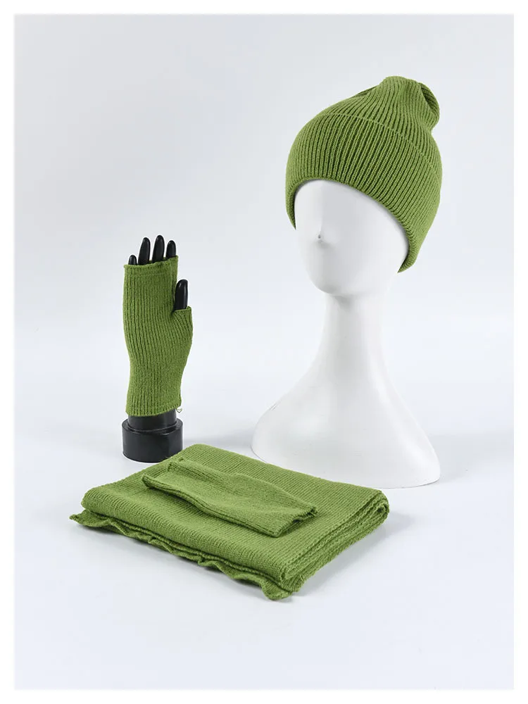 Женская шапка, шарф, перчатки, набор из 3 предметов, простые одноцветные женские вязаные шапки, праздничные красные шарфы, зимние подарки, 7 цветов - Цвет: Зеленый
