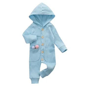 

Newborn Toddler Infant Cute Baby Kids Autumn Long Sleeve Solid Color Knit Skinny Single-Breasted Hoodie Rompers