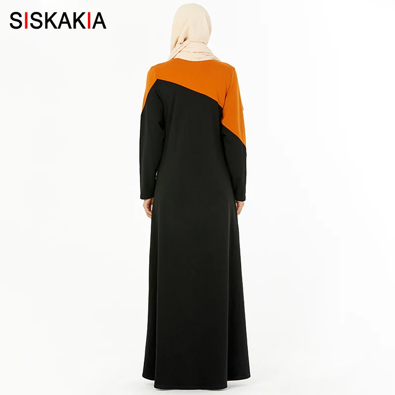 Siskakia SweatDress Autumn 2019 Fashion Hit Color Patchwork Casual Front Pocket Maxi Dresses Plus S