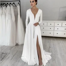 Eenvoudige Stretch Satin Wedding Dress 2021 Wedding Party Dress Lange Mouwen Robe De Soiree Свадебные Платья Bruid Om Met pocket