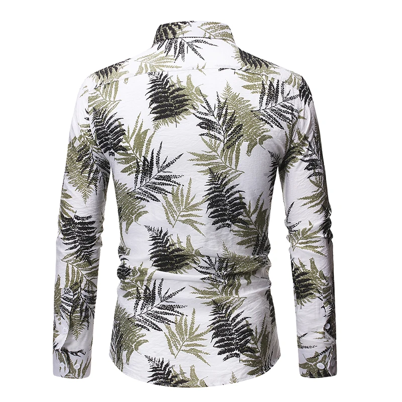 Autumn New Hawaiian Style Leaf Printed Long Sleeve Shirts Men’s Fashion Flower Casual Slim Fit Button Up Shirt Camisa Male