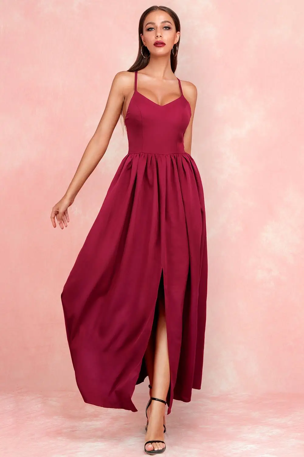 

Europe and the United States spring and summer new wine red sling V-neck leak back fork MAXI long fluffy dress sexy fashion who