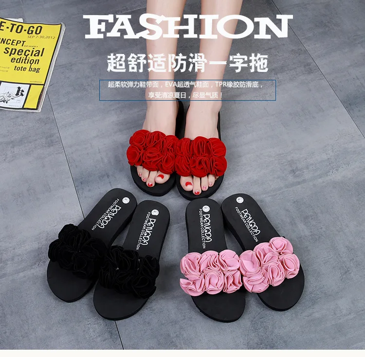 

Summer New Style Sandals Women's Outer Wear Handmade Flower Anti-slip Slanted Heel Slippers Thick Bottomed Sandals Flip-flop Nur