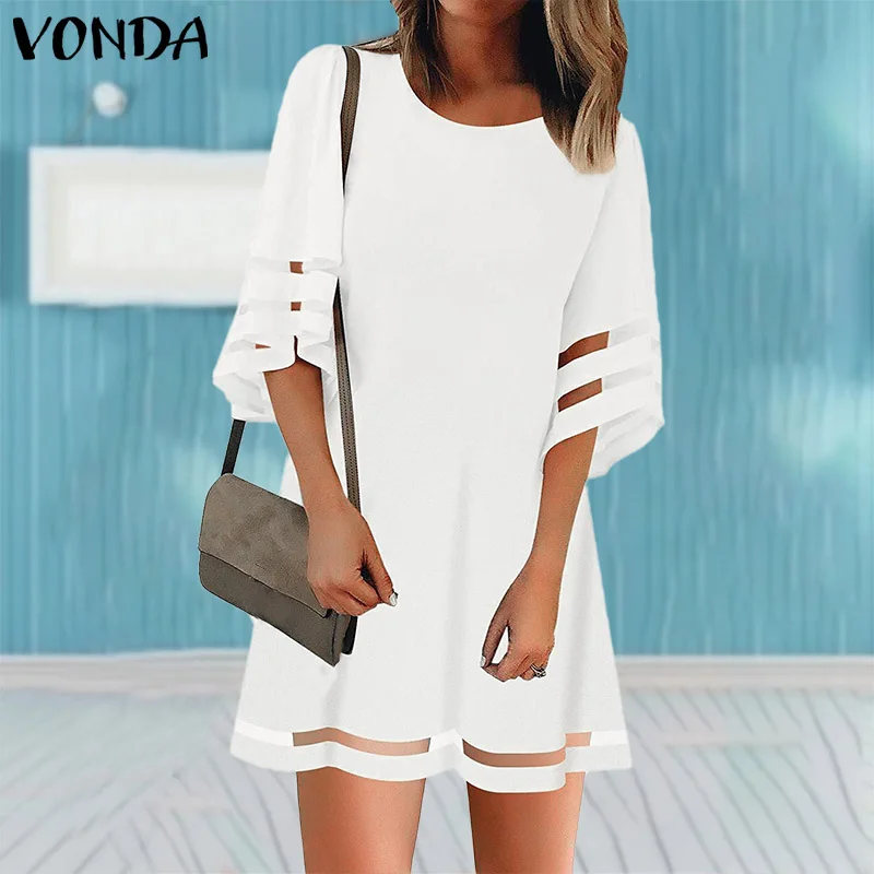 Женское мини-платье VONDA, сексуальное, 3/4, рукав-фонарик, о-образный вырез, открытое, летнее, Пляжное, открытое, богемное, Vestido размера плюс