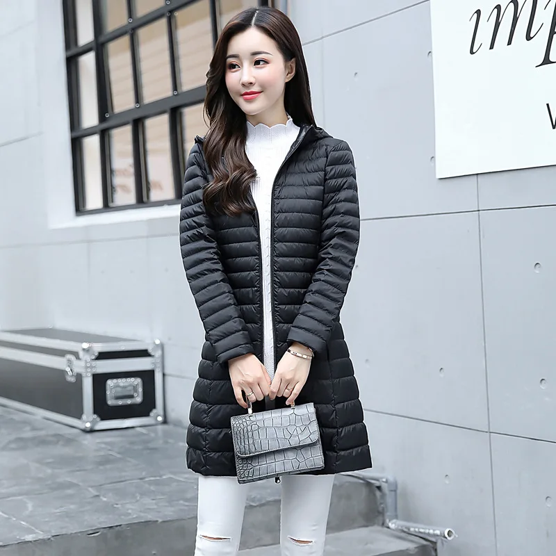 Женский пуховик средней длины с капюшоном, женская осенняя и зимняя тонкая приталенная модная куртка в Корейском стиле - Цвет: Черный