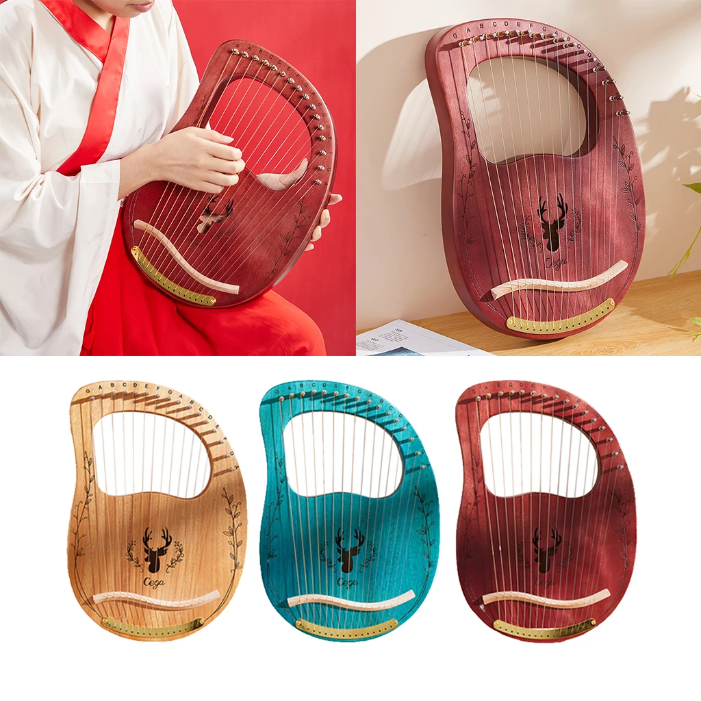 Lyre Harp 16 Strings Mahogany Wood Lye Harp with Tuning Hammer Carry Bag Instrument for Beginner