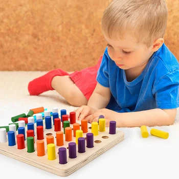 

Wooden Rainbow Sticks Inserting Blocks Color Cognition Kids Learning Toy Sensory Training Color Discrimination Finger Plug