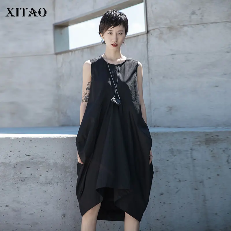 Женское асимметричное платье XITAO черное свободное однотонное средней длины