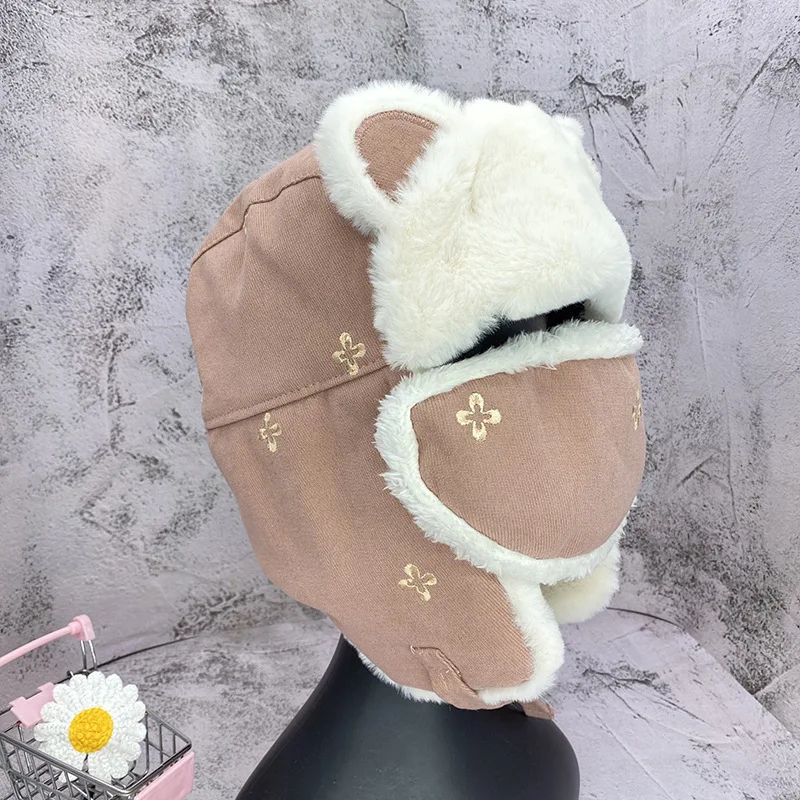 Warm Ear Mask One-piece Cap Female Autumn and Winter Lei Feng Cap Small Flower Embroidery Cute Cat Ear Plush Riding Hat mad bomber leather rabbit fur hat Bomber Hats