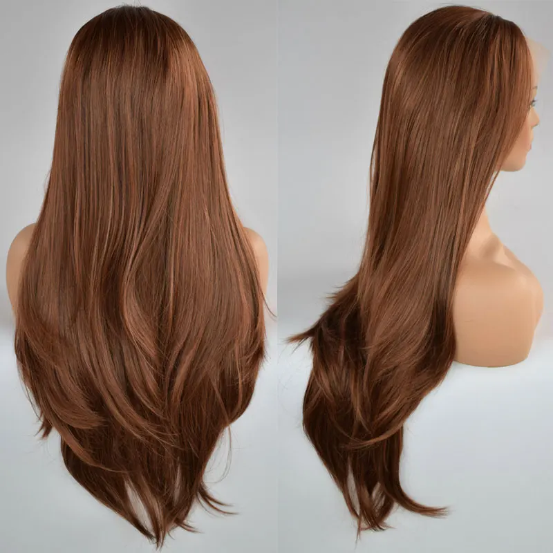 Коричневый натуральный прямой синтетический 13*3 дюймов парик фронта шнурка термостойкие волокна волос Средняя часть естественная линия волос для женщин парики