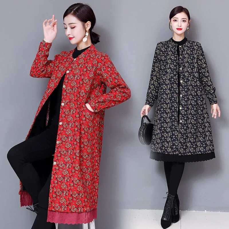 

2019 Autumn And Winter New Style Cotton Linen Brushed And Thick Printed Loose-Fit Slimming Cardigan Coat Mid-length Retro Cotton