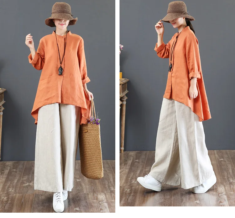 cargo capris Vintage Cotton Linen Women Pants Summer 2021 Elastic Waist Solid Wide Leg Loose Female Pants Top Quality 9-point Pants Length jeans pant