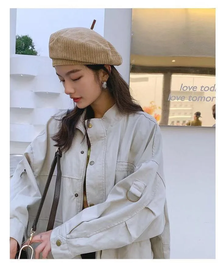 01911-ting007 вельветовый полосатый берет, кепка для мужчин и женщин, шляпа тыквы для отдыха