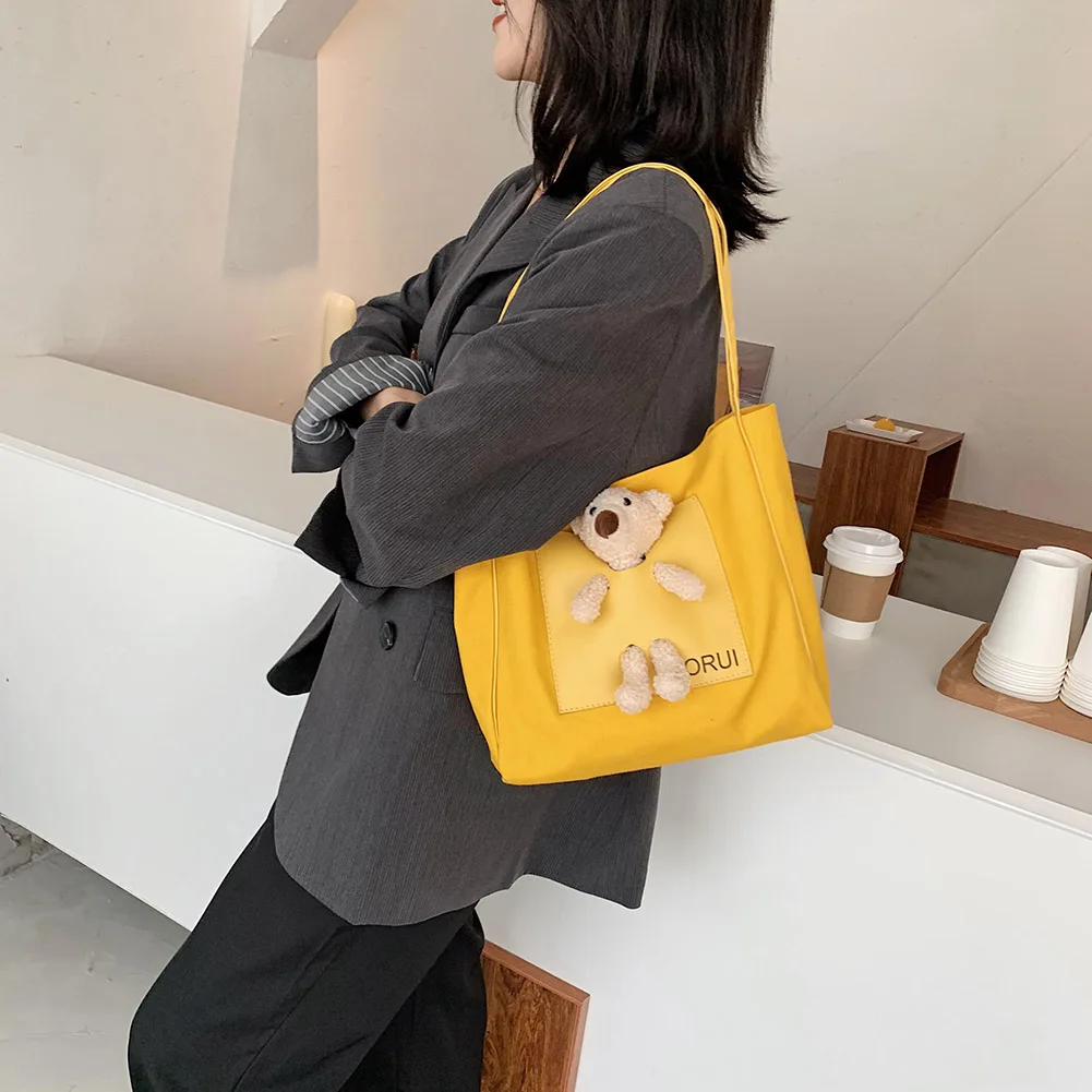 Sac à main en toile pour femmes, fourre-tout à la mode, décor de poupée d'ours, sac à bandoulière mignon, sac à poignée supérieure pour dames filles, Shopping quotidien