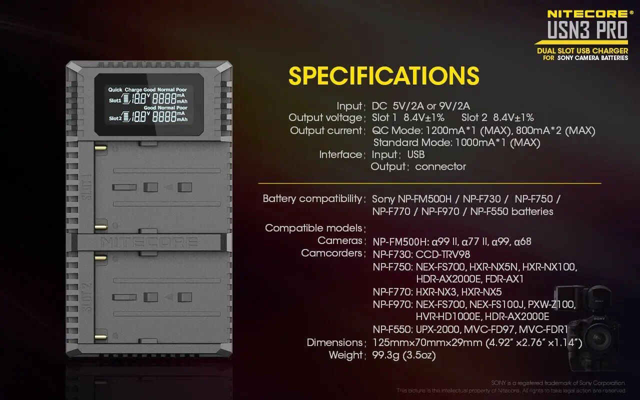 Зарядное устройство Nitecore USN3 Pro с двумя слотами USB QC для камер Sony NP FM500H F550 F970