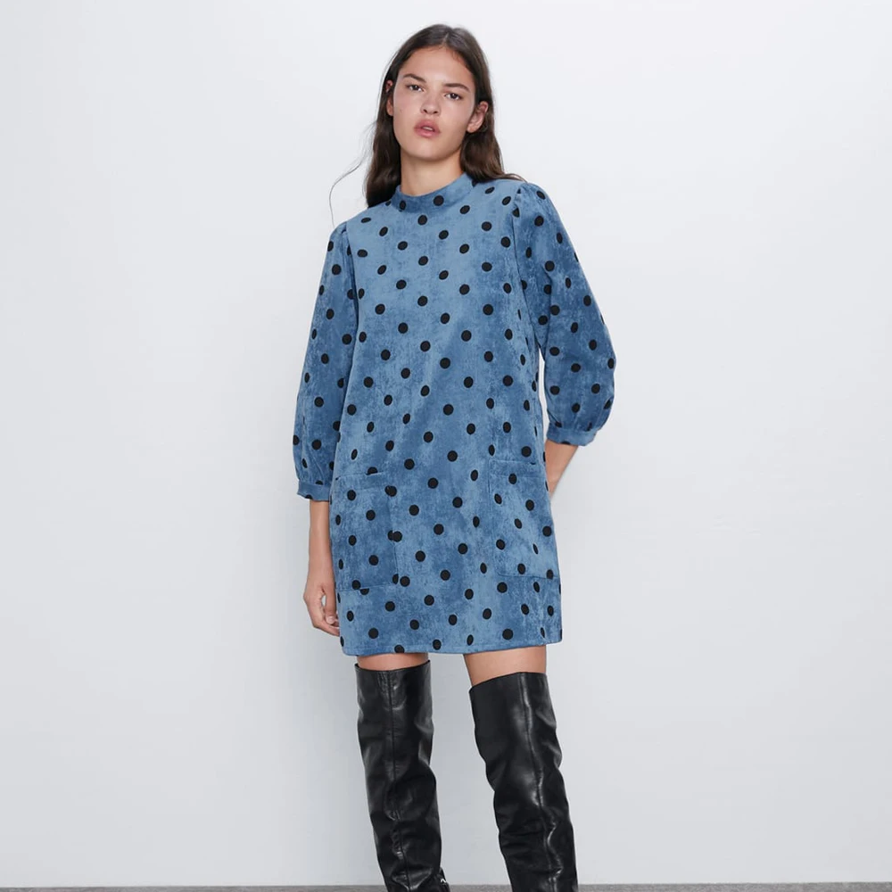 Женское вельветовое платье в горошек с длинным рукавом и круглым вырезом|Платья|