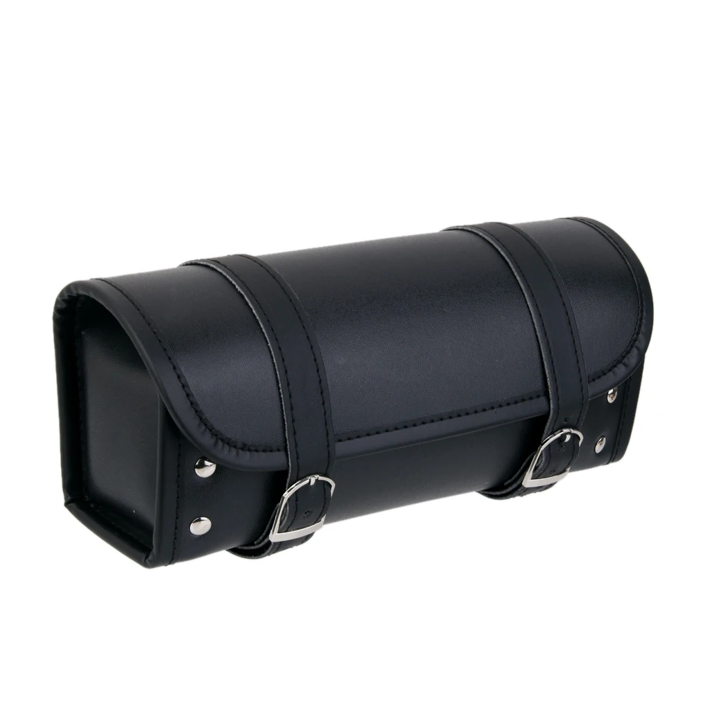 Black Motorcycle Pannier Waterproof Saddle Bag PU Leather Roll Tool Pouch