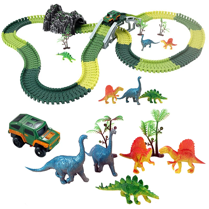 Vehículo de carreras de Jurassic Dinosaur Railway para niños, juguete educativo DIY, pista de carreras Flexible, coche electrónico, 2020