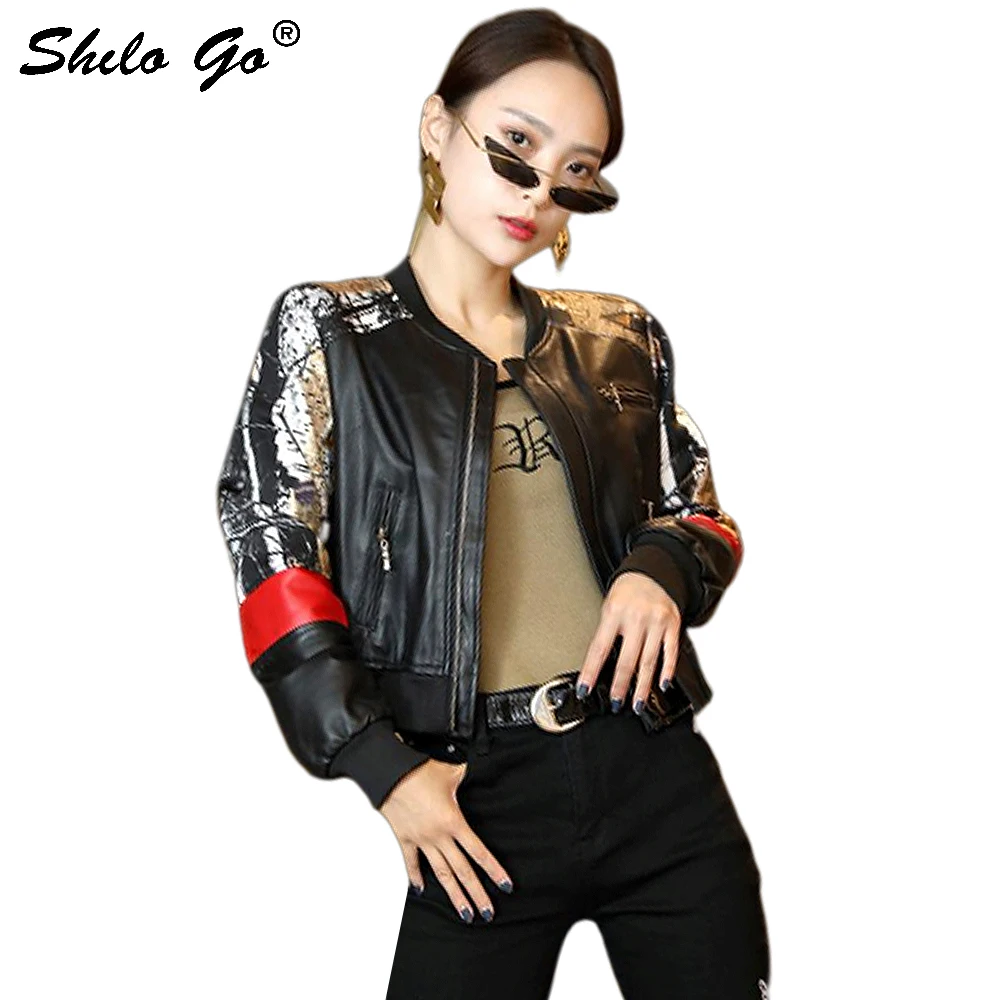 

Genuine Leather Jacket Color Block Cut-and-Sew Printed Panel Baseball Jacket Women Autumn Casual Printed Back O Neck Zip Outwear