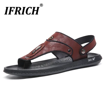 

New Arrival Sandles Men Black Blue Beach Shoes For Man Comfortable Pu Leather Slippers Mens Fashion Ankle-Wrap Men Flats Sandals