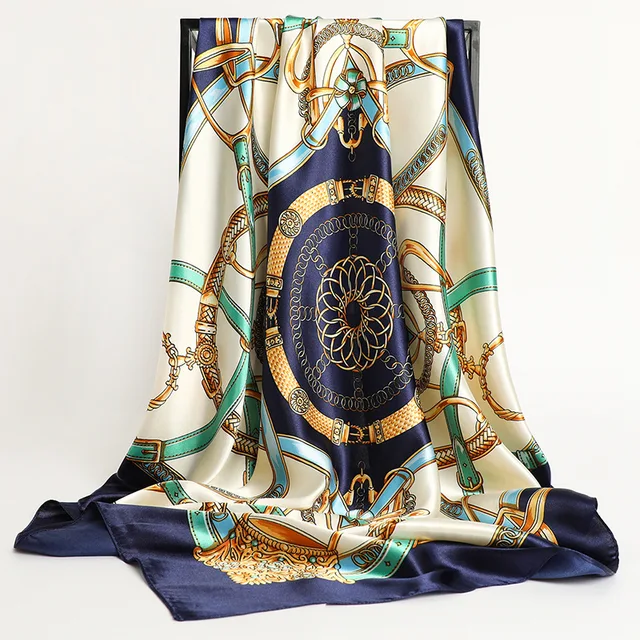 Fazzoletti Sciarpa di seta per capelli 90 * 90 cm Stampa Raso Grandi sciarpe quadrate di seta Scialli per le donne Designer di marca di lusso Fascia Hijab 1