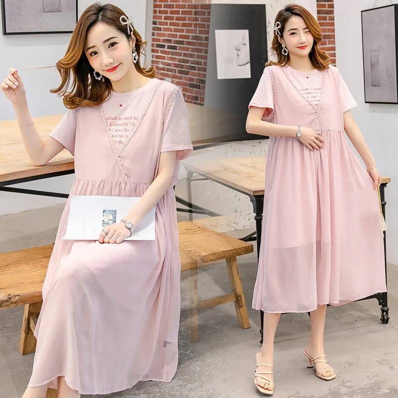 

Summer Skirt 2019 New Style Pregnant Women Short-sleeve Dress Korean-style Chiffon Mid-length Two-Piece Set Loose And Plus-sized
