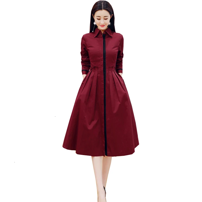 

New Herfst Long Mouw Knielange Dress Women's Fashion Casual Turn -down collar Elegant A -line dress Vestidos Mujer YM846