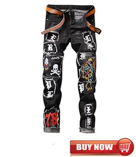 Mcikkny New Fashion Men's Punk Jeans Pants Washed Ripped Distressed Denim Trousers For Men Skull Tiger Embroidery Size 29-38