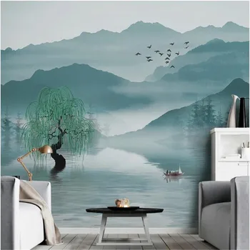 

milofi custom large wallpaper mural 3D abstract blue artistic conception landscape water boat flying bird TV background wall
