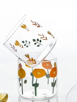 

Korean Ins Style Flower Pattern Water Breakfast Cola Juice Glass Cup by Personal Use