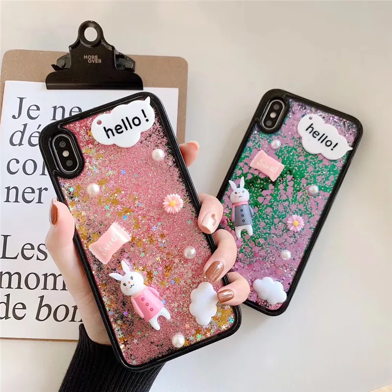 

Fashion 3D Cute Cartoon Rabbit Cover Bling Glitter Powder Sequin Cases For iPhone 6 6S 7 8 Plus X XS XR MAX Back Protect Funda